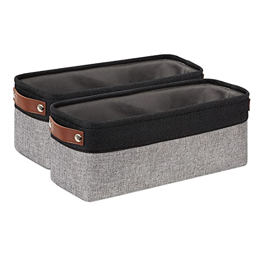 DULLEMELO Small Bathroom Baskets for Toilet Fabric Storage Baskets 2 Pack - 15"x6"x5.5" Foldable Fabric Organizer for Storage Decorative Storage Bins for Home,Closet(Black&Grey) - color: Black&Grey-Leather Handles, size: Narrow-15"x6"x5.5"