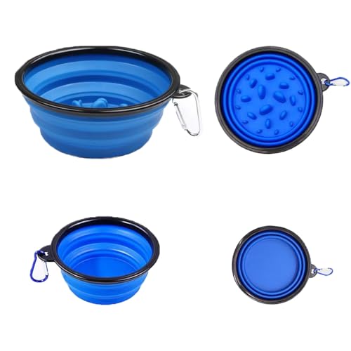 Pet Blue Collapsible Bowl Double Set - Slow Feeder Anti-Choke Bowl + Outdoor Portable,Foldable Dog Drinking,Slow Speed,Food&Dog pet Folding,Convenient,Foldable （Blue）