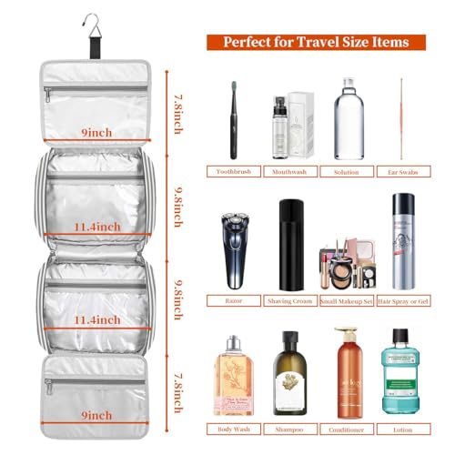 Bosidu Hanging Travel Toiletry Bag,Large Capacity Cosmetic Travel Toiletry Organizer for Women with 4 Compartments & 1 Sturdy Hook,Perfect for Travel/Daily Use/Christmas - color: M-grey