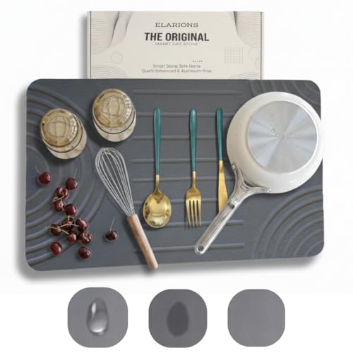 Large Diatomaceous Earth Stone Dish Drying Mat - 24" x 16" Quick Dry Non-Slip Food Grade Fast Absorbent Quartz-Enhanced Rapid Water Absorbing Countertop Mat For Dish Rack