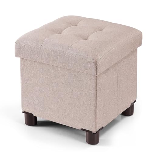BRIAN & DANY Small Ottoman with Storage, Small Storage Ottoman, Folding Foot Stool with Wood Legs for Living Room and Bedroom Linen Rest Seat, 12.6"x12.6"x12.8" - Beige - color: Beige, size: 12.6"x12.6"x12.8"
