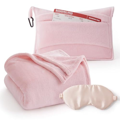 Bedsure Travel Blanket Airplane Compact with Storage Bag, Packable Blanket with Eye Mask, Lightweight 2-in-1 Travel Essentials, Functioned as Pillow for Airplane Comfort and Warmth, Pink - color: Pink