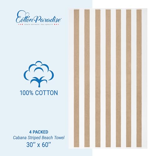 Cotton Paradise, Cabana Stripe Beach Towels 4 Packed, 30x60 inches Extra Large Pool Towels, Soft Absorbent Quick Dry, Beige - color: Beige