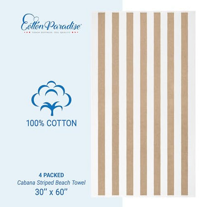 Cotton Paradise, Cabana Stripe Beach Towels 4 Packed, 30x60 inches Extra Large Pool Towels, Soft Absorbent Quick Dry, Beige - color: Beige