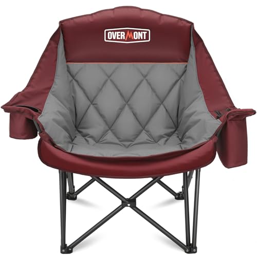 Overmont Oversized XL Camping Chair for Adults - 500lbs Support Heavy-Duty Padded Folding Chair with Side Pocket Cup Holder Cooling Bag for Outdoor Sports Garden Beach Fishing Lawn Red - color: Red