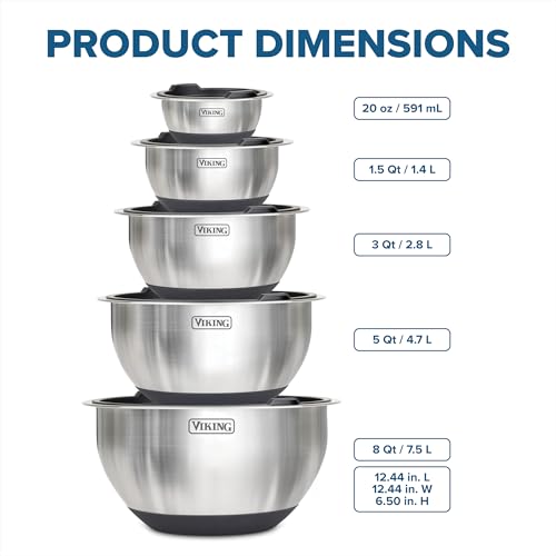 Viking Mixing Bowls Set, 10 Piece Stainless Steel Kitchen Cookware, Non-Slip Silicone Base, Includes Tight Fit Lids, Dishwasher Safe, Black - color: Black