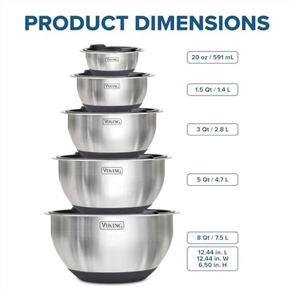 Viking Mixing Bowls Set, 10 Piece Stainless Steel Kitchen Cookware, Non-Slip Silicone Base, Includes Tight Fit Lids, Dishwasher Safe, Black - color: Black