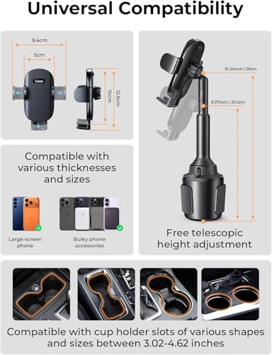 LISEN Cup Holder Phone Holder [No Shaking] Phone Holder for Car, 360° Adjustable iPhone Holder Car Accessories for Women Truck Jeep Golf for iPhone 17 Pro Max 16 15 14 Samsung S25 All 4-7'' Phone