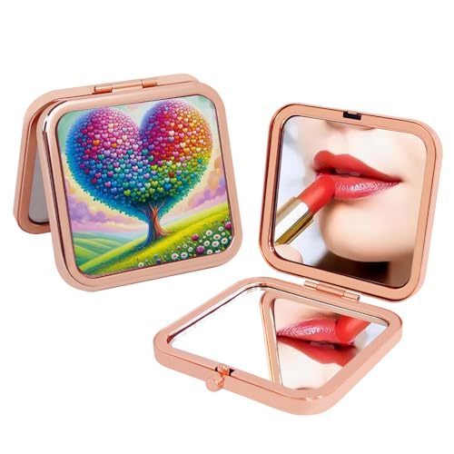 Pocket Mirror, 1X/2X Magnification Compact Travel Makeup Mirror for Purse, 2-Sided, Portable, Folding, Handheld, Small Mirror for Gift - color: Heart Tree