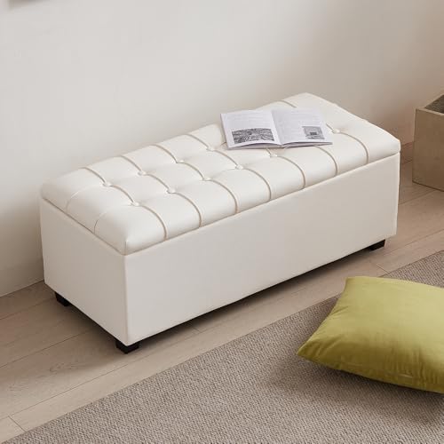 38-inch White Faux Leather Storage Ottoman Bench with Seat and Footrest Function - for Bedroom, Living Room & Entryway - color: White