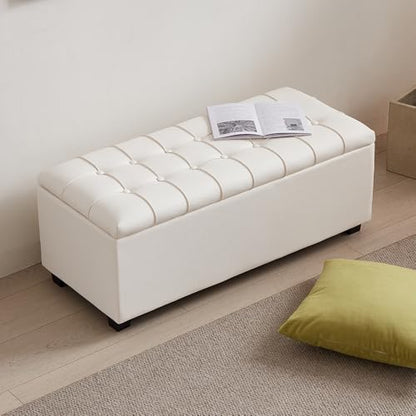 38-inch White Faux Leather Storage Ottoman Bench with Seat and Footrest Function - for Bedroom, Living Room & Entryway - color: White