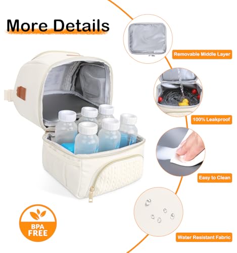 PIIOSER Breastmilk Cooler Bag with Ice Pack, Double Deck Insulated Baby Bottle Travel Bags with Shoulder Strap, Wearable Breast Pump Carry Bag for Nursing Moms Daycare, Work, Picnic(Cream) - color: Cream-2