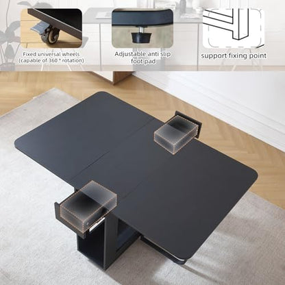 Folding Dining Room Table with Two Drawers for 4/6 with Space Saving Drop Leaf Table,Lockable Wheels & Storage, Heavy Duty Plywood Top 300lb, Convertible Desk for Apartments/RV/Home Office - color: Black-1