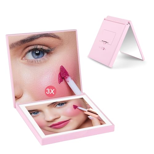 Compact Mirror, 1X/3X Magnifying Travel Mirror with Light Small Purse Mirror Pocket Mirror for Makeup, Mini LED Portable Handheld Makeup Mirror Travel Essentials Gifts for Women Girls, Pink