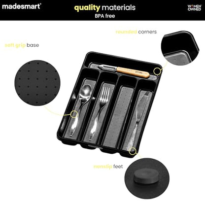 madesmart Small Silverware Tray, Compact 5 Compartment Flatware Organizer for Forks, Knives & Spoons, Non Slip, Soft Grip Lining, Fits Small Drawers, Carbon - color: Carbon