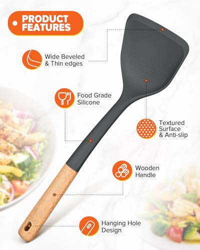 Silicone Cooking Utensils Set, Perfectly Angled for Frying, Mixing,Serving,Draining,Turning and Stirring, BPA-Free Matte Silicone, Wood Handles, Safe for Nonstick Cooking Surfaces,4 Pack (Grey) - color: Gray