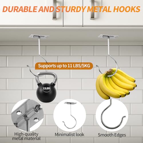 Banana Hook Under Cabinet,Adhesive Bananas Hanger with Fordable Design,Durable Metal Banana Holder for Hanging Bananas,Kitchen Organization Or Multi-Purpose Home Us(Silver) - size: 1 Piece