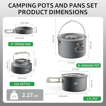Naturehike Camping Cookware Set Mess Kit for Backpacking Gear, Camp Cooking Set, Camping Pots and Pans Set for Outdoor Backpacking Camping Hiking Picnic - color: 4-7 People