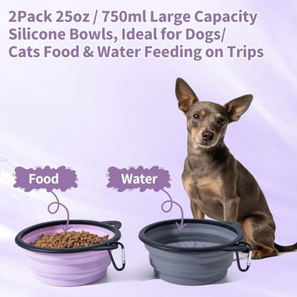 2Pack Silicone Collapsible Dog Bowls, Cute Pet Ear Shape and Cat Graphic Travel Water Bowl Full of Pet Atmosphere 25oz Portable Feeder for Small Large Dog Walking Hiking Camping (Purple and Grey) - color: Purple and Grey