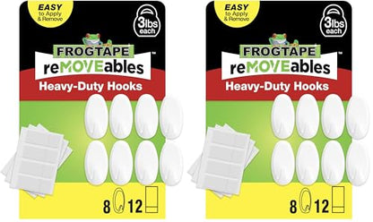 FrogTape reMOVEables Heavy Duty Wall Hooks - No Damage - Easy to Remove & Reuse - Medium Wall Hook with Adhesive Strips - Holds up to 3 lbs - Includes 8 Hooks and 12 Strips - White (Pack of 16) - size: Pack of 16, style: Medium