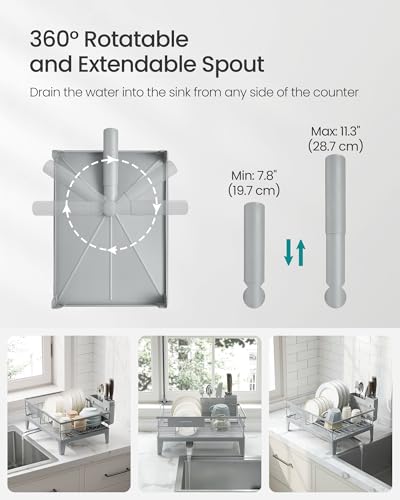 SONGMICS Dish Drying Rack, Kitchen Dish Rack with Drainboard, 360° Rotatable and Extendable Spout, with Cutlery Holder, 12.2 x 16.5 x 7.3 Inches, Dove Gray UKCS550G01 - color: Dove Gray, style: with Drainboard