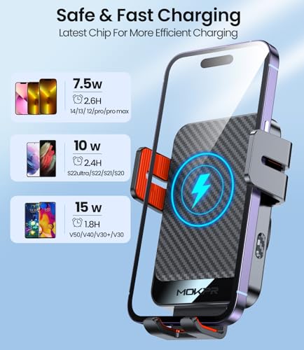 Wireless Car Charger, MOKPR 15W Fast Charging Auto-Clamping Car Mount Hands-Free Car Charger Mount for Dash Windshield Air Vent Compatible with iPhone 16 15/14/13/12, Samsung S23/S22/S21,red - color: Red Clamp