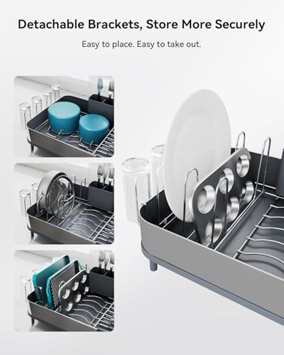SUNLY Expandable Dish Drying Rack, Versatile Brackets for Pots & Pans, Space Saving Kitchen Drying Rack, Dish Racks for Kitchen Counter, Stainless Steel Dish Drainers with Extendable Spout, Gray - color: Gray