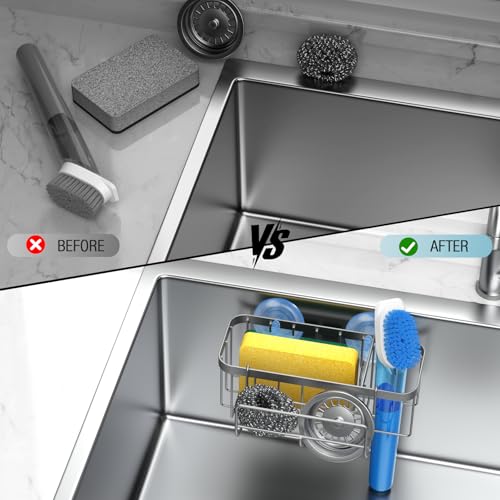 3-in-1 Kitchen Sink Caddy Organizer with Sponge Holder, Brush Holder, Extra Rack for Scrubber, Sink Stopper, Dish Cloth Hanger - Strong Dual Suction Cup, 2.0mm SUS304 Stainless Steel - Silver - color: Silver