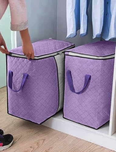 2-Pack Heavy-Duty Storage Bags with Zipper | Waterproof Moving & Travel Storage Organizers | Foldable Reinforced Handles for Clothes, Bedding,Blankets | Space-Saving,Horizontal Style,Purple - color: Purple