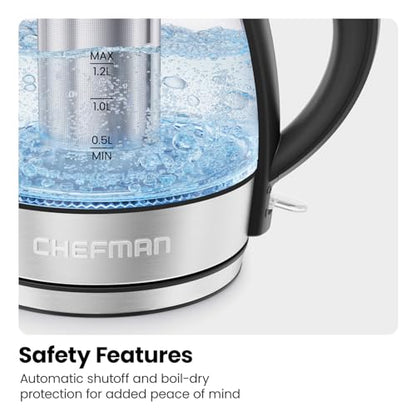 CHEFMAN Electric Kettle - 1.2L 1500W Hot Water Tea Pot with Infuser, BPA Free, Auto Shut Off, Boil-Dry Protection, Removable Lid, LED Light, Cordless Glass Electric Tea Kettle – Stainless Steel - size: 1.2 Liter