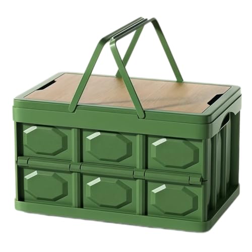 Folding Storage Box with Wooden Lid,56L Collapsible Storage Crate,100KG Load Capacity Portable Foldable Storage Bin,Multifunctional Car Trunk Organizer for Camping, Picnic, Home, Outdoor(Green) - color: Green