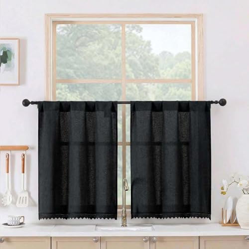 Chyhomenyc Lace Kitchen Curtains 30 Inch Length - Light Filtering Faux Linen Small Half Window Curtains Over Sink, Vintage Farmhouse Curtain Tiers for Bathroom Basement, 26Wx30L, 2 Pieces, Black - color: Black, size: 26"W x 30"L (Pack of 2)