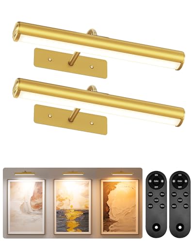 EZVALO Picture Light for Wall, ⁠13-Inch Wireless Rechargeable 4000mAh LED Art Light with Remote, Dimmable 3 Color Temps, Battery Operated Wall Light for Living Room, Bedroom, Gallery (Gold, 2 Pack) - color: Gold