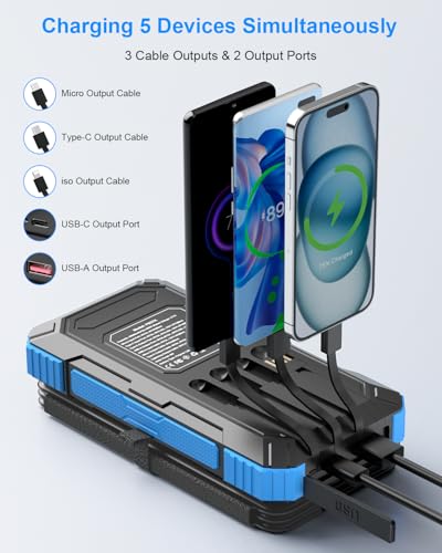 Solar Charger Power Bank 49800mAh with 4 Built-in Cables & 3 Foldable Panels, PD22.5W Fast Portable Phone Charger, External Battery Pack with USB-C in/Output & Flashlight for Outdoor Camping