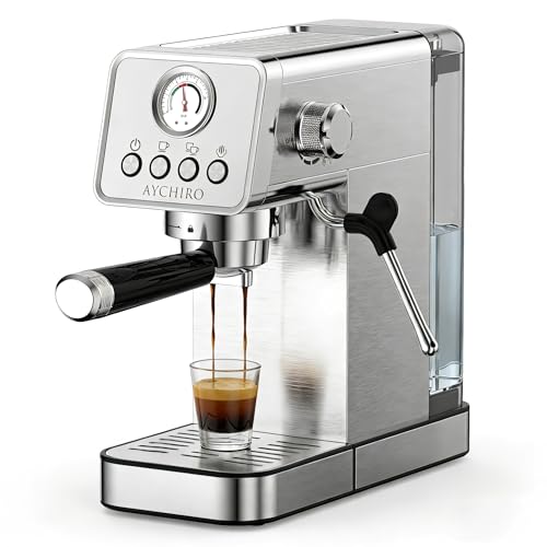 AYCHIRO 20 Bar Semi-Automatic Espresso Machine, Adjustable Espresso Machine with Pressure Gauge, Compact Espresso Maker with Steam Wand, Cup Warmer for Home & Office - color: Stainless Steel