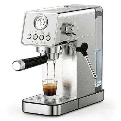 AYCHIRO 20 Bar Semi-Automatic Espresso Machine, Adjustable Espresso Machine with Pressure Gauge, Compact Espresso Maker with Steam Wand, Cup Warmer for Home & Office - color: Stainless Steel