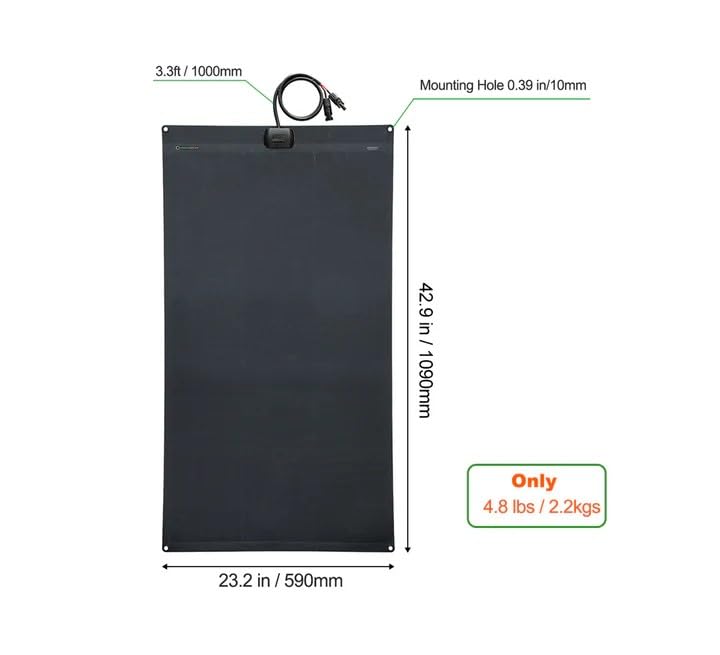 LensunSolar Flexible Solar Panel 130W 12V ETFE,42.9in x 23.2in Semi-Flexible Bendable Mono Solar Panel High Efficiency 130 Watt for RV Van Roof TopCamping Home Boat Marin - size: 130W/23.2in x 42.9in