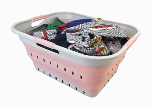 SAMMART 42L (11 gallon) Collapsible Plastic Laundry Basket - Foldable Pop Up Storage Container/Organizer - Space Saving Hamper/Basket (Grey/Quartz Pink) - color: Grey/Quartz Pink