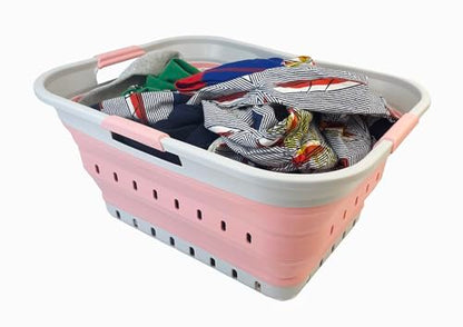 SAMMART 42L (11 gallon) Collapsible Plastic Laundry Basket - Foldable Pop Up Storage Container/Organizer - Space Saving Hamper/Basket (Grey/Quartz Pink) - color: Grey/Quartz Pink