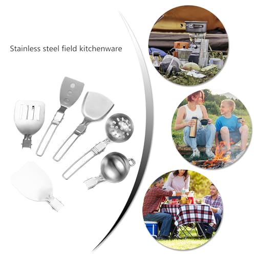 Stainless Steel Camping Cookware Set Practical Folding Soup Ladles Strainer Spatula For Outdoor Cooking Kitchen Utensils Picnics Cookware