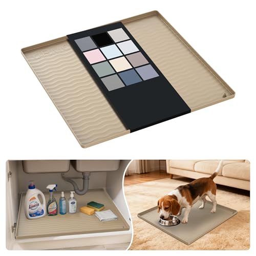 URMONA Waterproof Silicone Under Sink Mat 19'' x 19'' Shelf Liner for Kitchen and Bathroom, Cabinet and Counter Protector, Storage and Organizers, Litter Mat, Pet Cat Puppy Essentials(Khaki) - color: Khaki, size: 19"W x 19"L