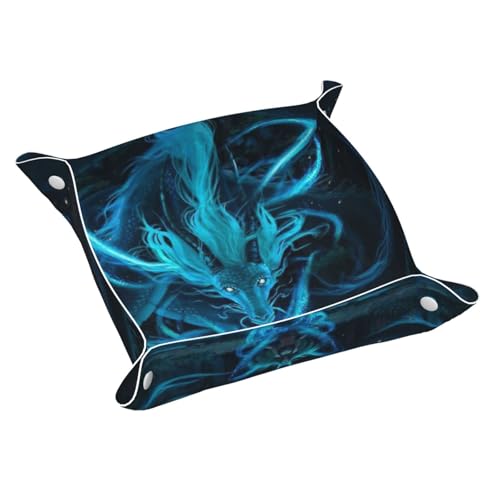 Blue Dragon Leather Vanity Tray Desktop Storage Organizer, Decorative Catchall Perfume Tray, Bathroom Valet Tray,Nightstand Caddy Holder for Keys Phone Wallet Coin Jewelry, S - color: Blue Dragon, size: 7.9" x 7.9" x 0.2"