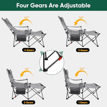Northroad Foldable Camping Chair w/Foot Rest, Outdoor 6 Legged Beach Chair w/Footrest, Adjustable 90°- 135° Reclining Lounge Chair w/Detachable Pillow, Cup Holder & Carry Bag