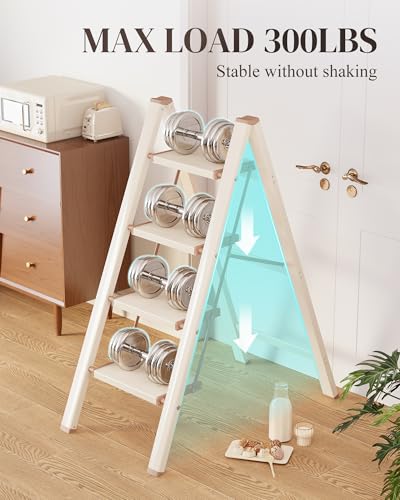 4 Step Ladder, Folding Step Stool with Wider Pedal, Anti-Slip Feet & Non Slip Stripes, Aluminum Sturdy Material, 300Lbs Capacity, Elegant Look of Cream Chocolate Better Matches Your Home - color: Cream Chocolate, size: 4 Step