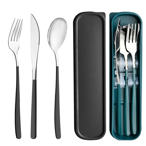 Travel Utensils with Case, 2 Sets Reusable Utensils Set with Case, Camping Utensil Set, Portable Silverware Lunch Utensils Set for Work Camping School (Black,Green) - color: Black,Green