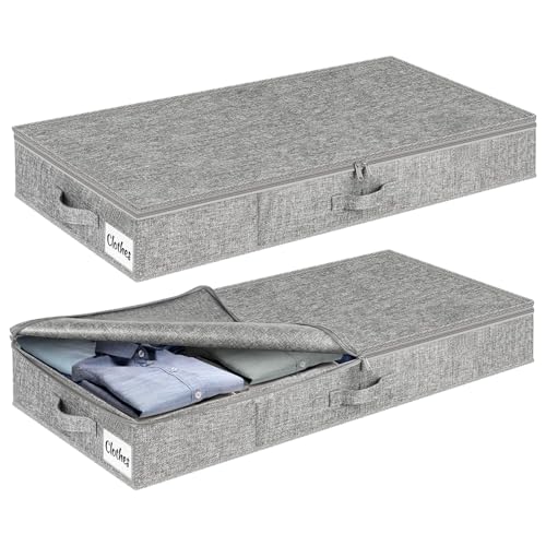 Under Bed Storage Container Bins 2 Pack, 4 Inch Thin Low Profile Underbed Clothes Storage Organizer for Dorm & Home, Use for Blanket and Toy Storage Box W/ Sturdy Bottom/Sides, Foldable Thick Fabric - color: Rigid-Gray-2 Pack, size: 4 Inch