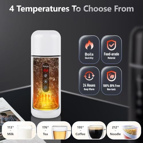 Car Electric Kettle,Portable Travel Kettle,12V/24V Car Coffee Warmer,420ML Hot Water Heater with Built-in Magnetic Induction Stirring,Small Mini Hot Water Boiler for Tea Coffee Milk - color: White
