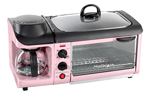 Nostalgia 3-in-1 Breakfast Station - Includes Coffee Maker, Non-Stick Griddle, and 4-Slice Toaster Oven - Versatile Breakfast Maker with Timer - Pink - color: Pink, style: Classic Retro
