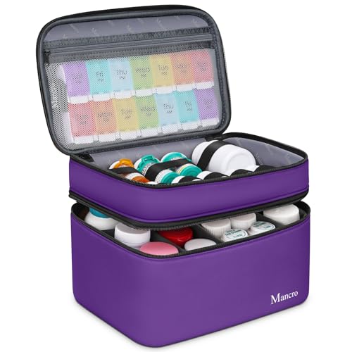 Mancro Dual Layers Pill Bottle Organizer Bag, Medicine Pill Organizer Bag with Lockable Zipper, Medicine Travel Bag for Pills, Vitamins, Pill Cutters, Medical Supply for Home Storage, Purple - color: Purple, size: Standard