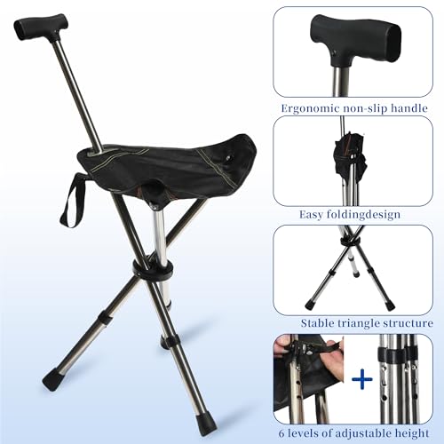 FATTCHIAR Cane with Seat, Cane Chair Capacity 330lbs, Adjustable Height Folding Lightweight Walking Stick with Seats, Portable Stool for Adults Seniors Hiking Camping